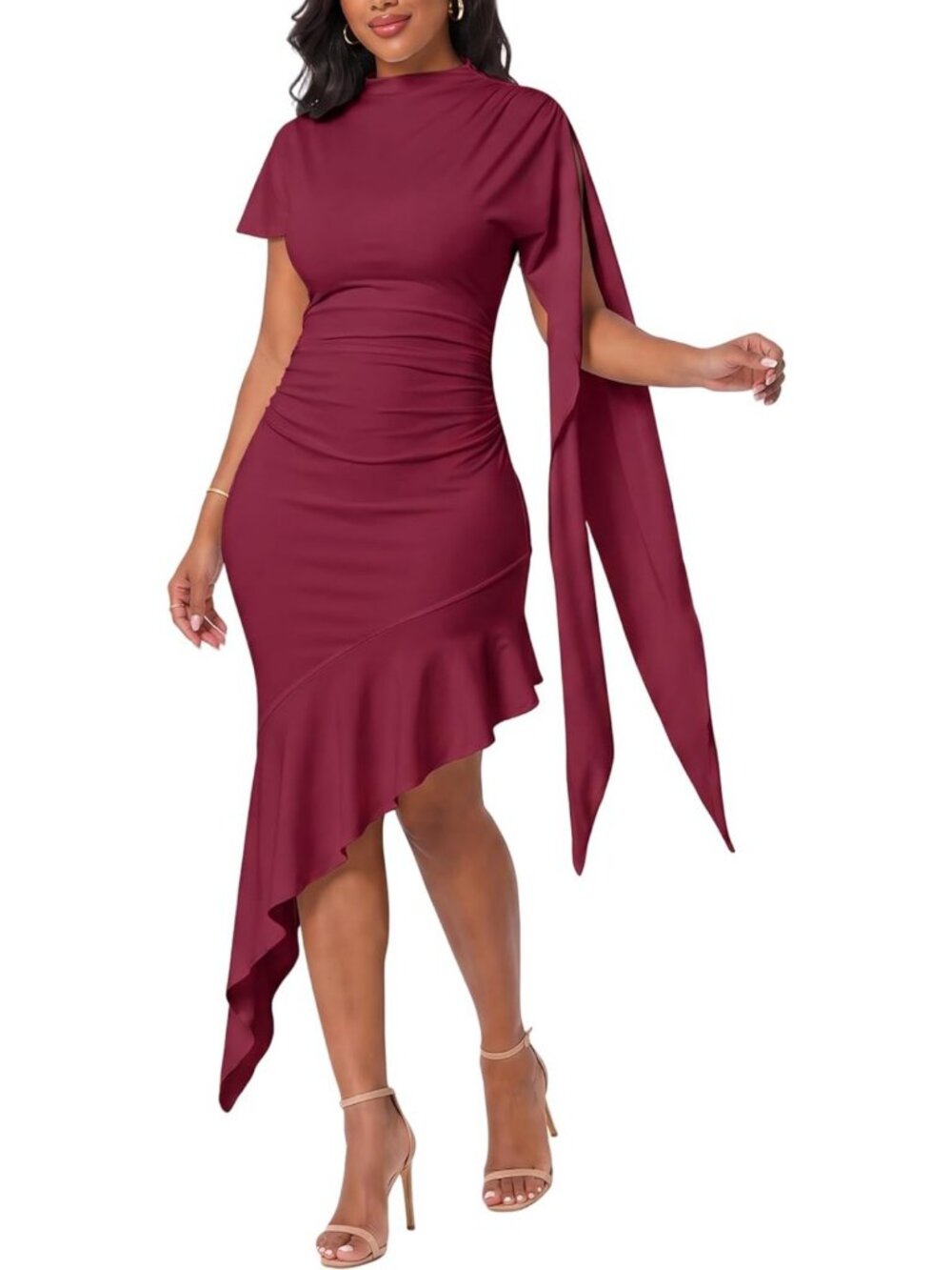 Elegant Cape Sleeve Ruched Bodycon Asymmetrical Midi Dress for Chic Events